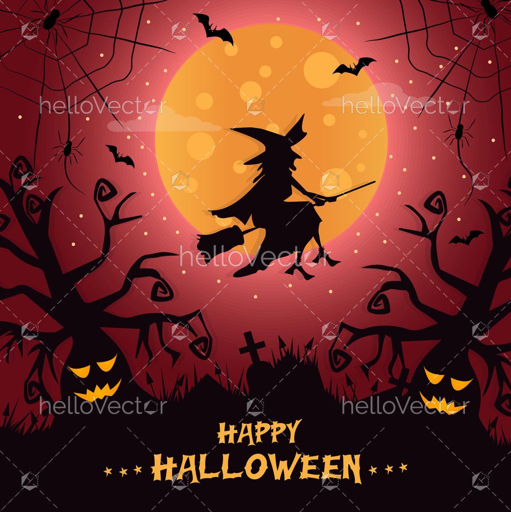 Witch flying on broomstick. Halloween illustration - Download Graphics ...