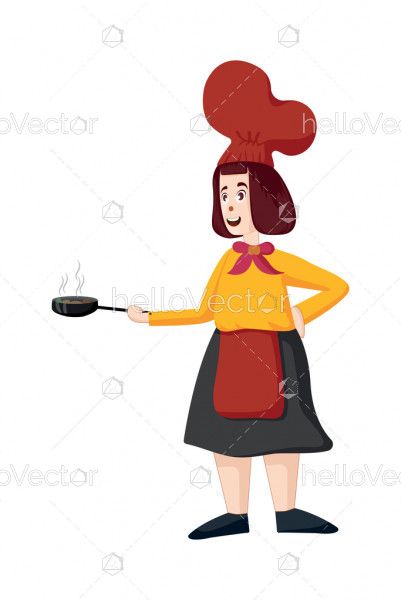 Female chef vector. Woman cook in apron standing with frying pan illustration