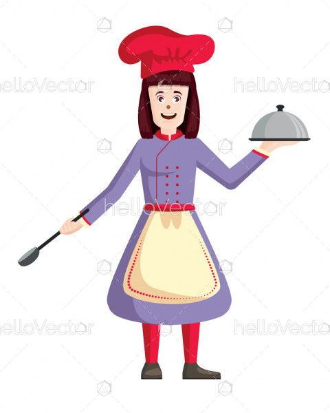 Female chef vector. Woman cook holding tray and spatula illustration.