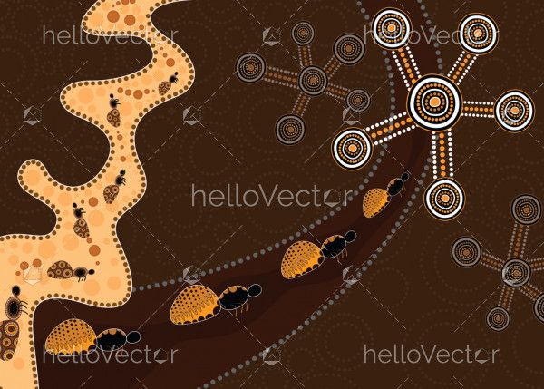 Aboriginal dot art vector background depicting honey ants
