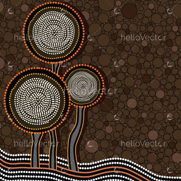 Tree on the hill, Aboriginal tree, Aboriginal art vector painting with tree.