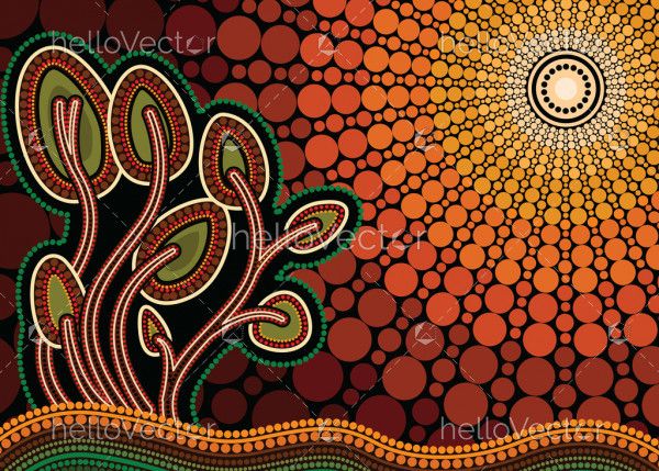 Aboriginal art vector painting with tree and sun, Nature concept