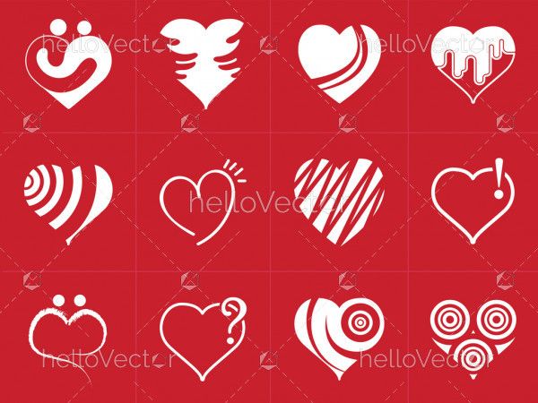 Heart icons collection in trendy flat style isolated on red background.