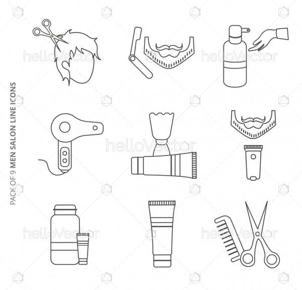 Collection of vector line icons set for men salon.