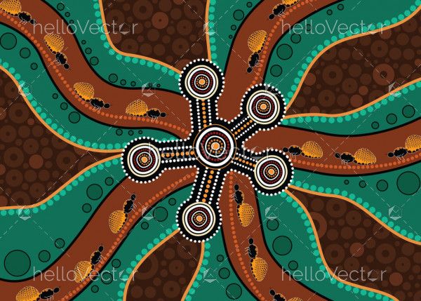 Aboriginal dot art vector background depicting honey ants