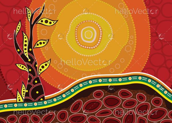 Tree on the hill, Aboriginal tree, Aboriginal art vector painting with tree and sun