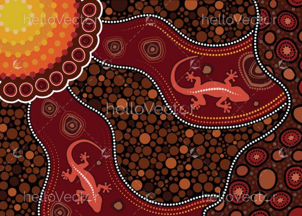 Illustration based on aboriginal style of dot background with lizard