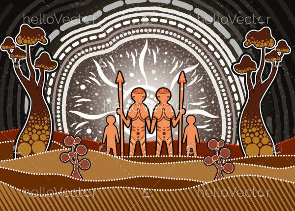 Aboriginal art showing the concept of a small and happy family.