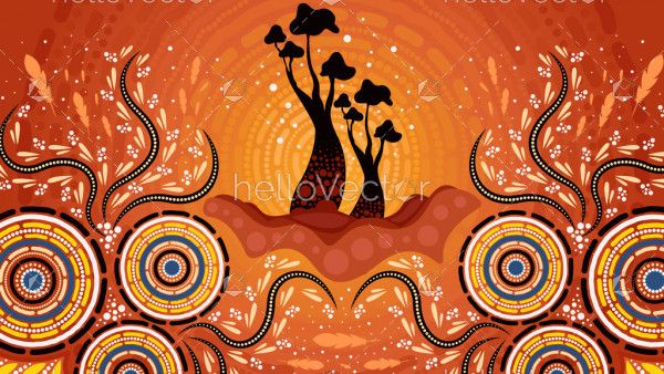 Tree on the hill, An illustration based on aboriginal style of background depicting nature.