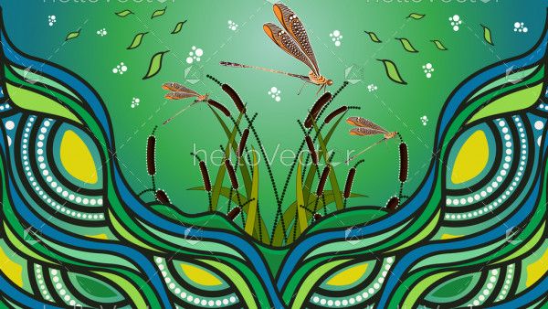 Dragonfly on cattails aboriginal art vector background.