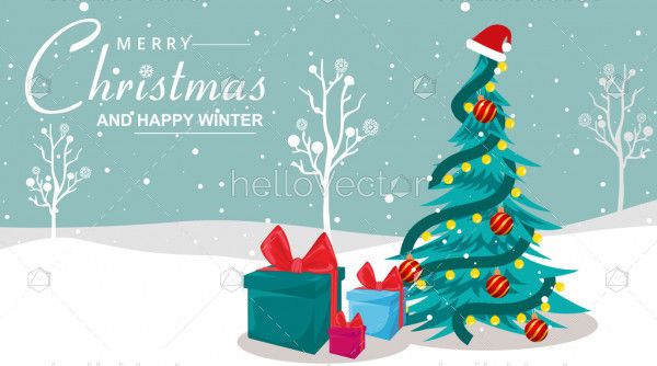 Christmas tree with gifts vector background.