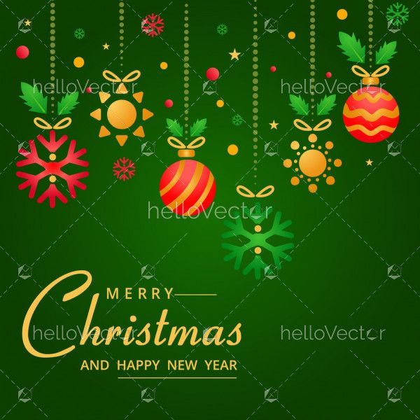 Green Christmas background with different hanging decorations