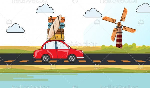Travel by car, Travel and Tourism flat design - Vector Illustration
