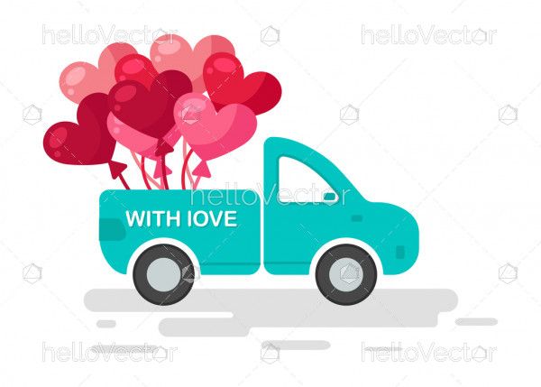 Car with heart balloons, Valentine's day vector graphic
