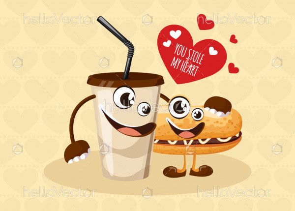 Cute Coffee and Hot dog , Valentine's day graphic - Vector Illustration