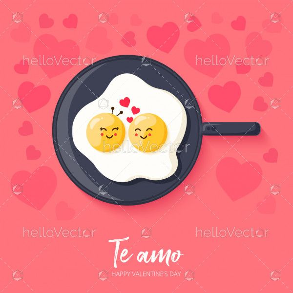Cute food cartoon characters in love, Valentine's background - Vector Illustration