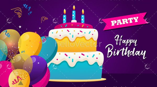 Birthday party banner with cake and balloons - Vector Illustration