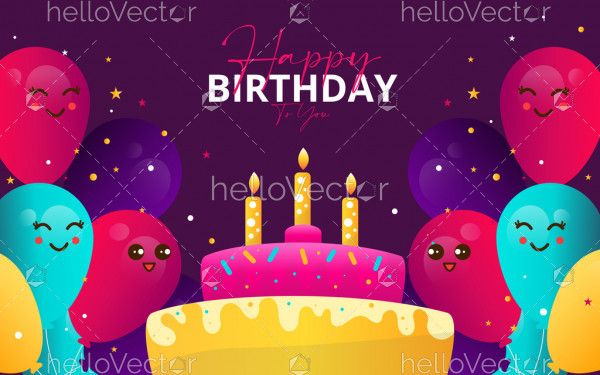 Cute Birthday background with cartoon character in balloons and cake - Vector Illustration