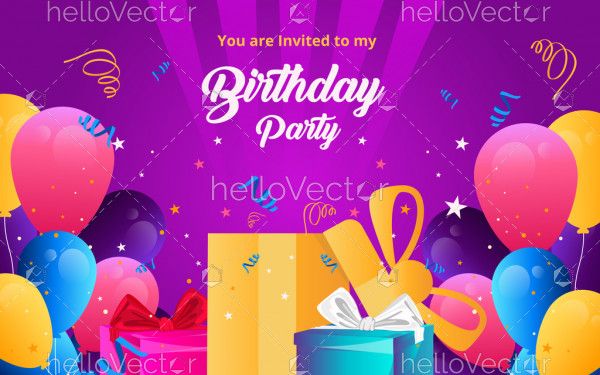 Colorful birthday invitation card with balloons, gifts and typography - Vector Illustration