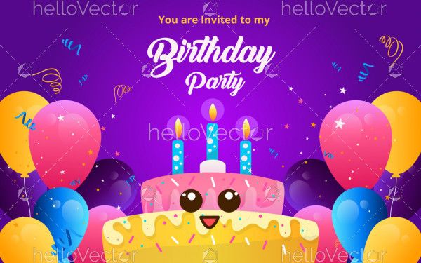 Cute birthday cake cartoon character with balloons - Vector Illustration