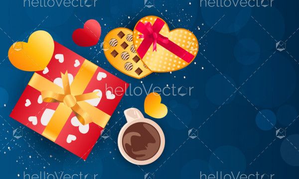 Love background with Hearts, chocolate and Coffee - Vector Illustration