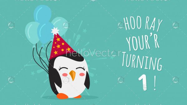 Birthday template with cute penguin and typography - Vector Illustration