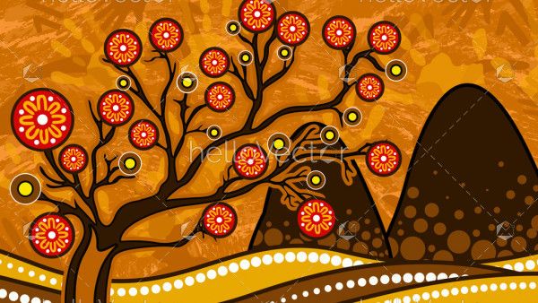 Tree on the hill, Aboriginal art vector painting depicting nature