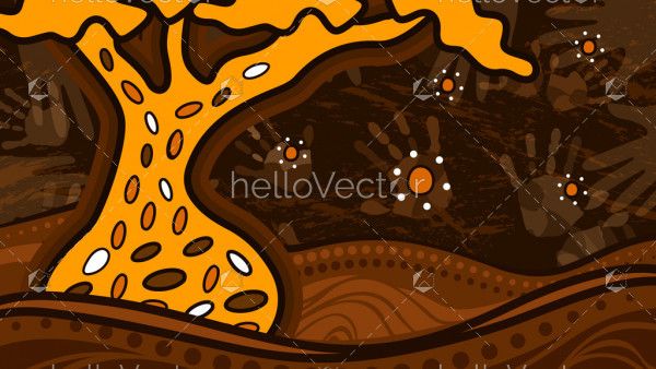 Aboriginal art painting with boab (baobab) tree depicting nature