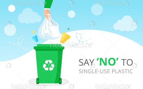 Say no to plastic use,  Man throwing plastic in recycle bin