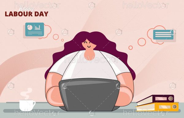 Woman with laptop at office, Labour day vector illustration