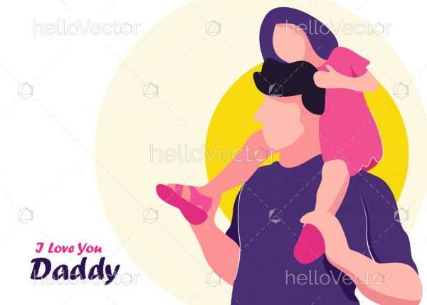 Girl sitting on shoulder of her father cartoon. Happy fathers day concept illustration