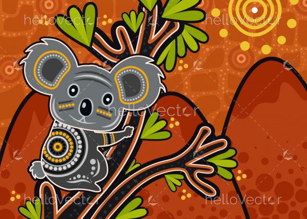 Aboriginal art vector painting with Koala bear on wood branch with green leaves.