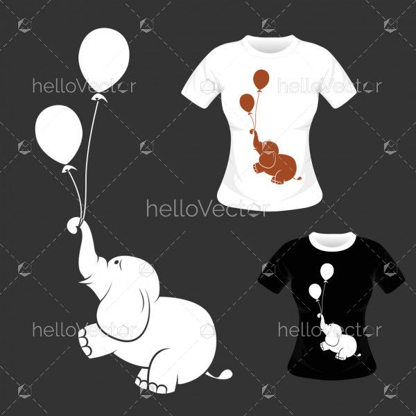 T-shirt graphic design. Cute elephant with balloon vector illustration.