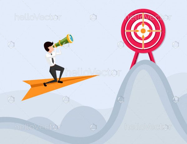 Goal search. Businessman on paper plane with telescope searching for target.