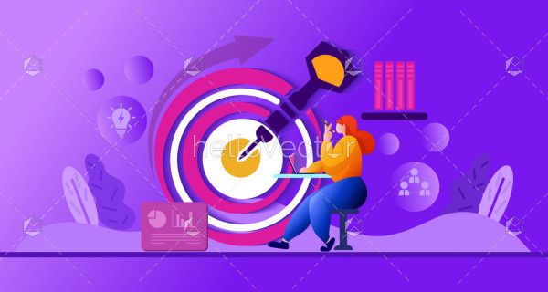 Big target, business woman with laptop engaged in company goals illustration.