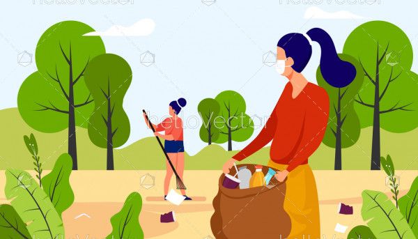 Women collecting trash into bags. Ecology protection concept illustration