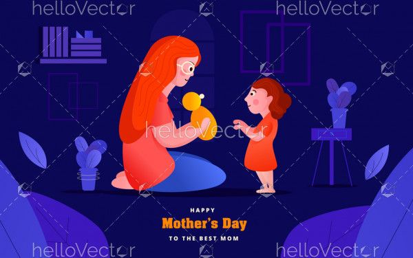 Mother and daughter playing with doll, Happy mother's day graphic