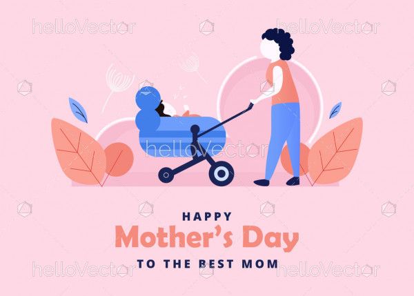 Mother walking with baby stroller. Happy mother's day vector graphic