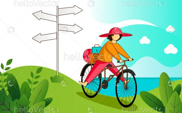 Travel and Tourism colorful Background, with a girl riding a bicycle