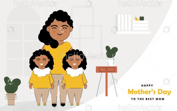 Mother with her two little daughter Cartoon, Happy Mother's Day - Vector Illustration