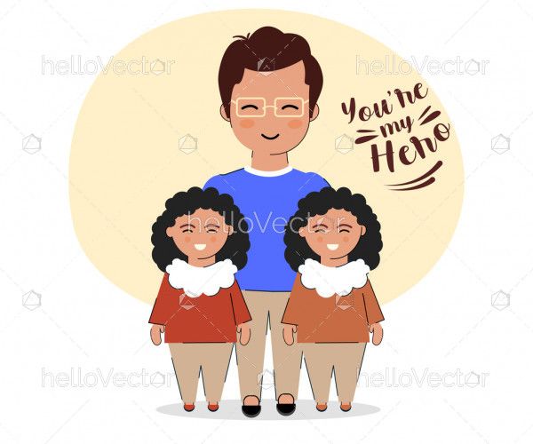 father with her two little daughter Cartoon, Happy Father's Day - Vector Illustration