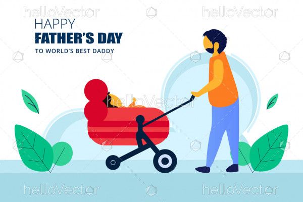 Father walking with baby stroller. Happy father's day vector graphic