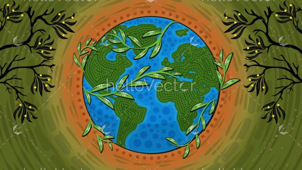 Go green painting. Aboriginal dot art depicting save the nature