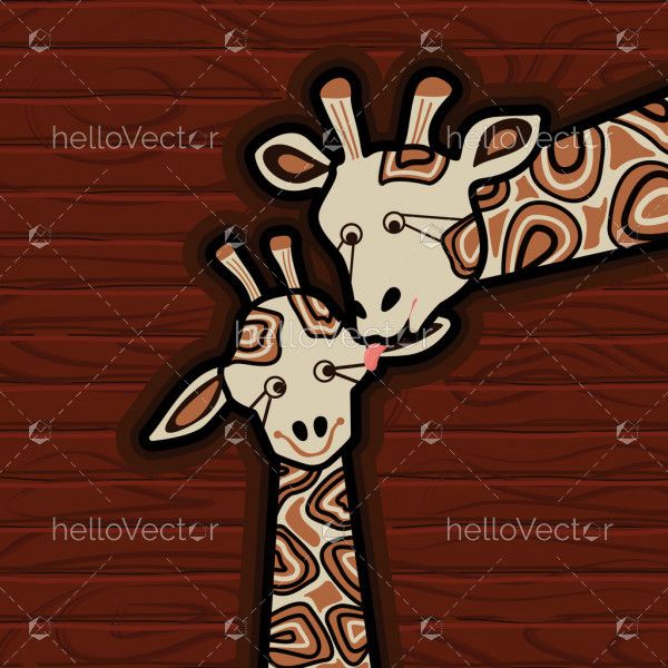 Giraffe mother and baby painting on wooden background