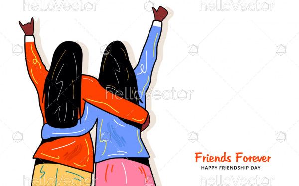 Back view of two hugging friends. Happy friendship day greeting card