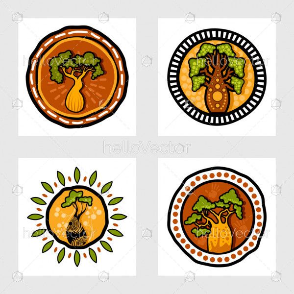Aboriginal art boab tree painting icon set - Vector Illustration