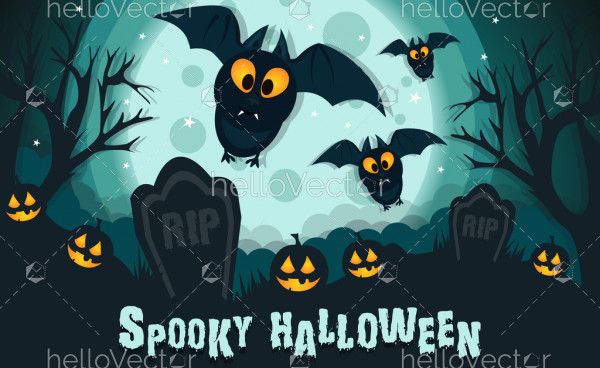 Spooky halloween illustration with flying bats