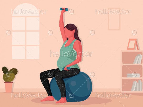 Pregnant woman with dumbbells and swiss ball