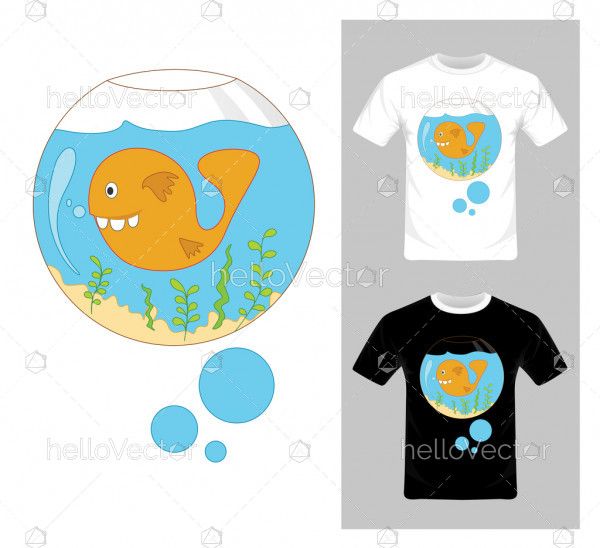 Cartoon Fish In Aquarium Vector. T-shirt graphic design