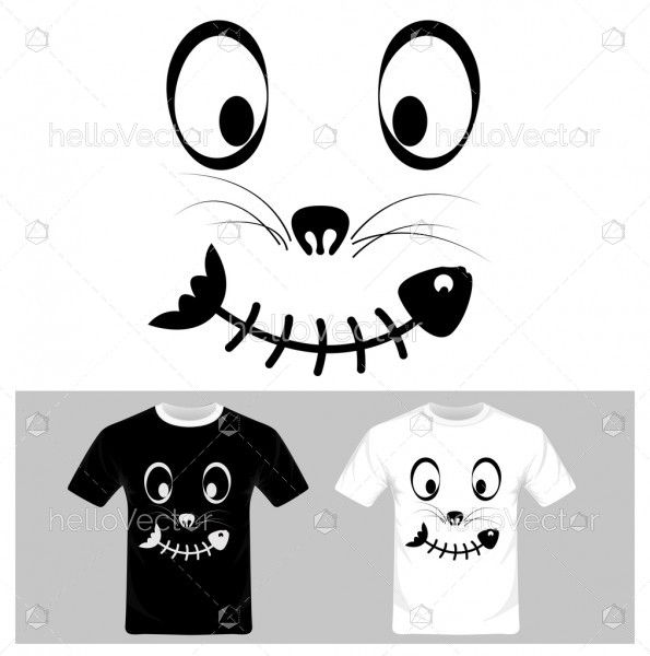 Funny cat face cartoon with fish vector. T-shirt graphic design illustration.